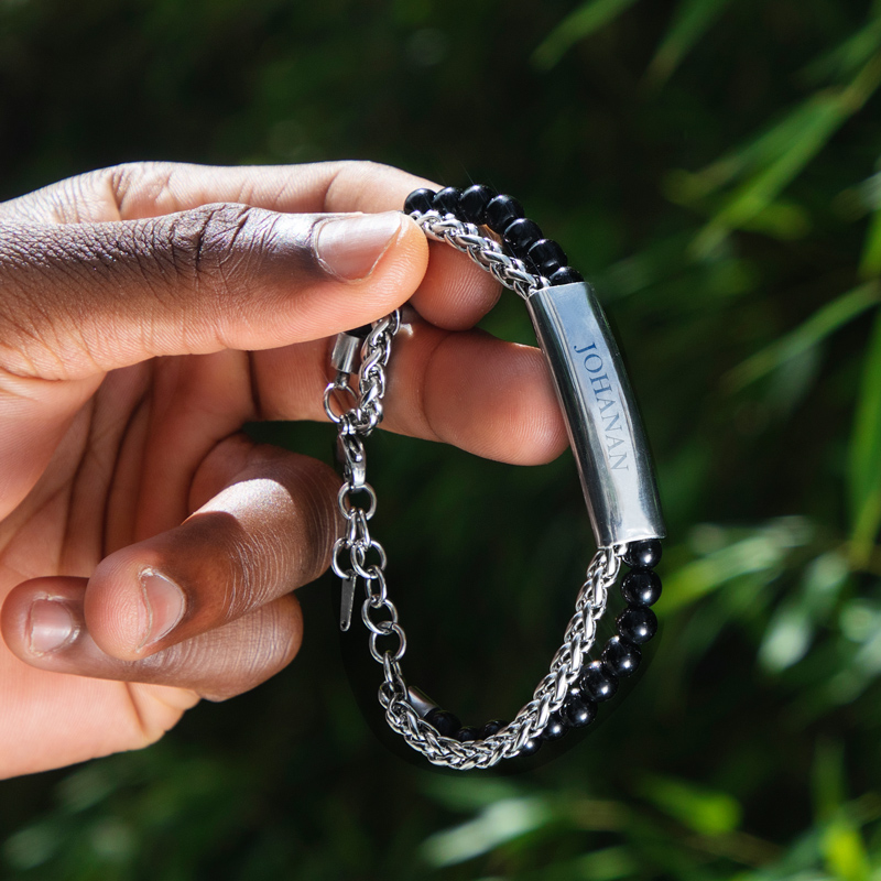 Engraved Obsidian Stainless Steel Beads Bracelet With Street Luxury Shine - Image 4