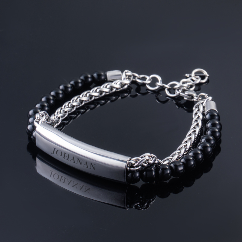 Engraved Obsidian Stainless Steel Beads Bracelet With Street Luxury Shine - Image 5