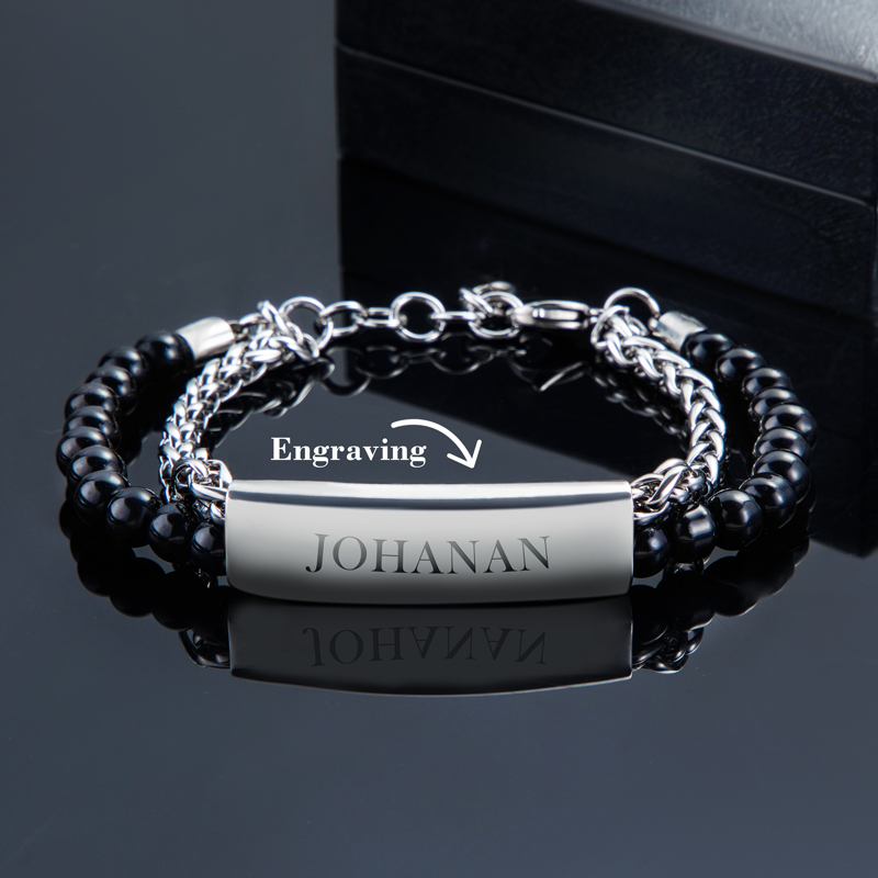 Engraved Obsidian Stainless Steel Beads Bracelet With Street Luxury Shine