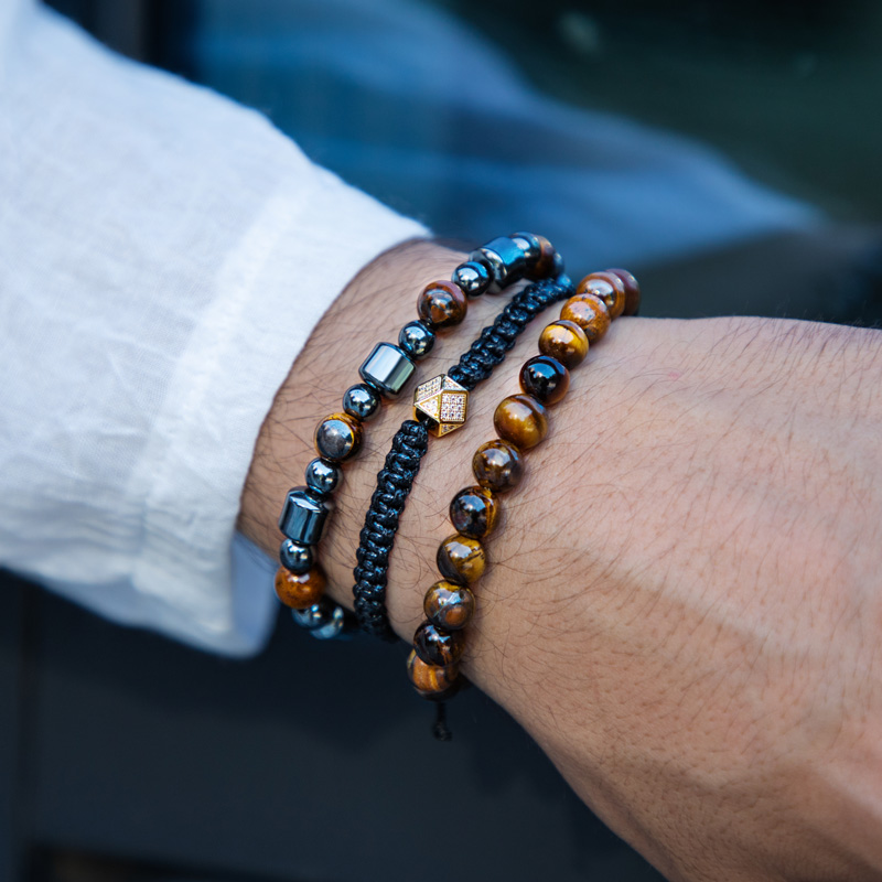 Bold 3pcs Tiger Eye Stone & Black Hematite Beads Braided Bracelet Set