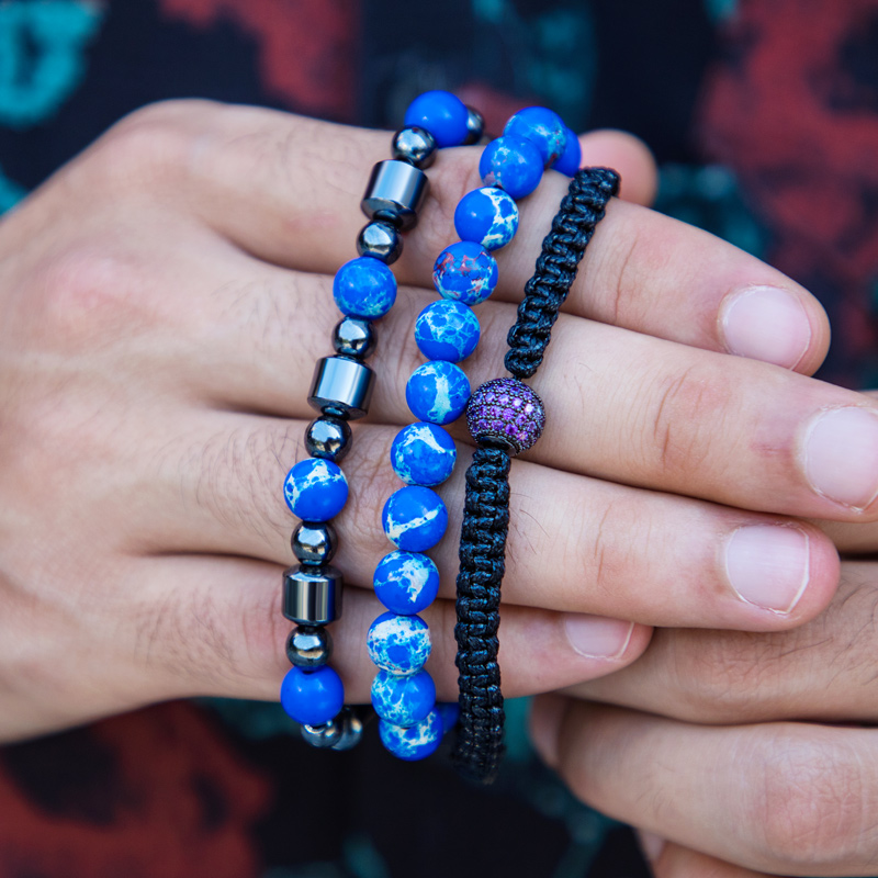 3pcs Natural Lapis Stone & Hematite Beads Braided Bracelet Silver - Image 3