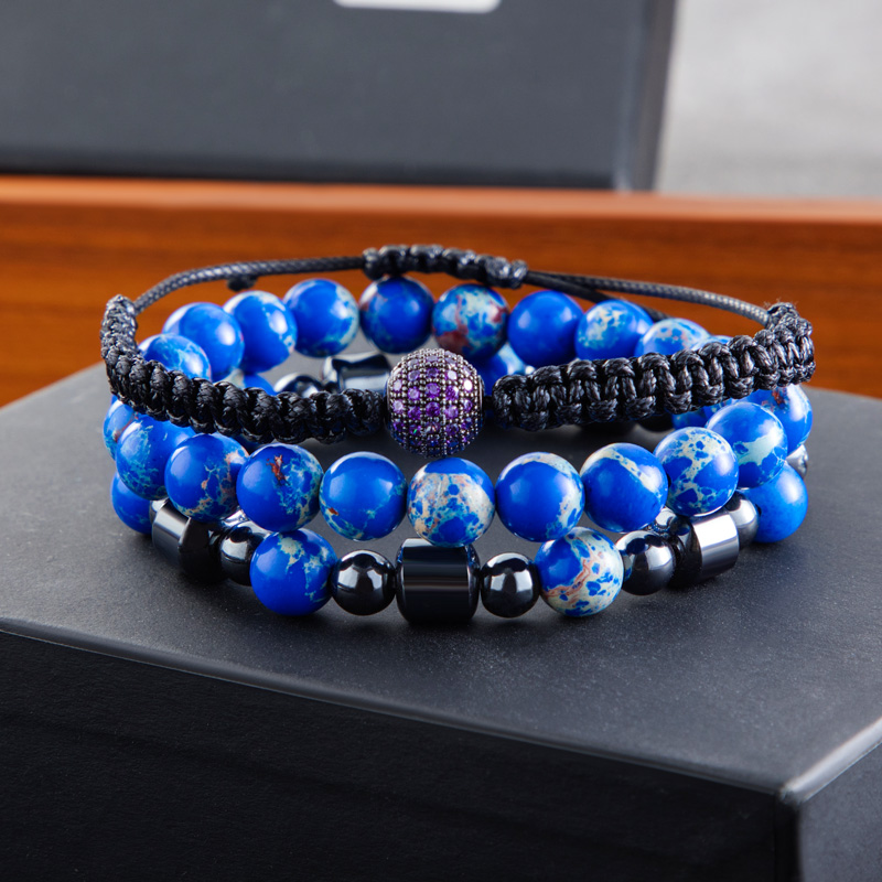 3pcs Natural Lapis Stone & Hematite Beads Braided Bracelet Silver - Image 4