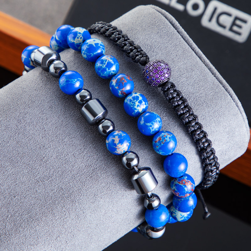 3pcs Natural Lapis Stone & Hematite Beads Braided Bracelet Silver - Image 5