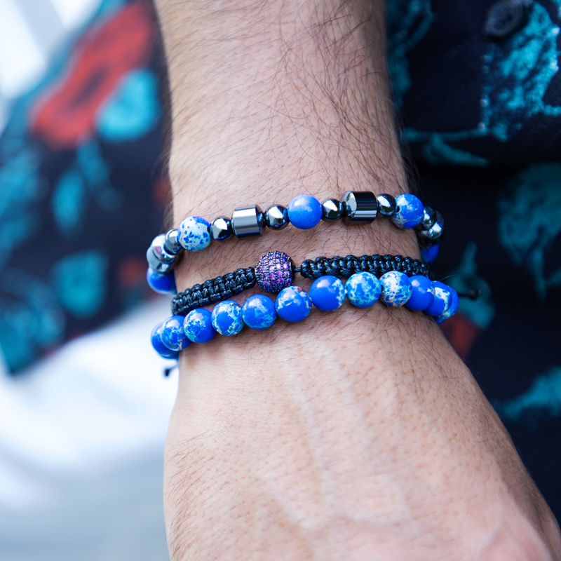 3pcs Natural Lapis Stone & Hematite Beads Braided Bracelet Silver