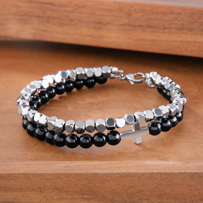 Double Chain Black Obsidian Adjustable Cross Bracelet Silver - Image 3