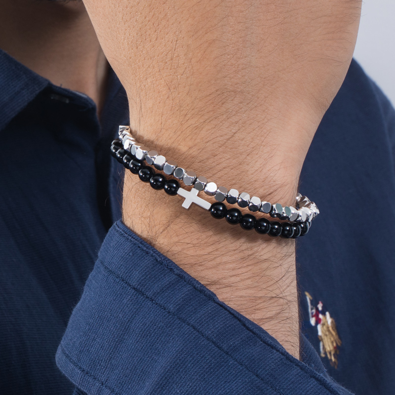 Double Chain Black Obsidian Adjustable Cross Bracelet Silver - Image 4
