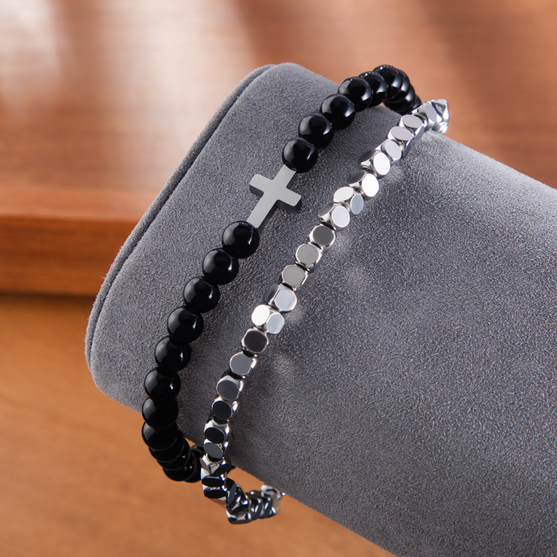 Double Chain Black Obsidian Adjustable Cross Bracelet Silver - Image 5