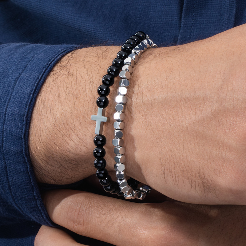 Double Chain Black Obsidian Adjustable Cross Bracelet Silver