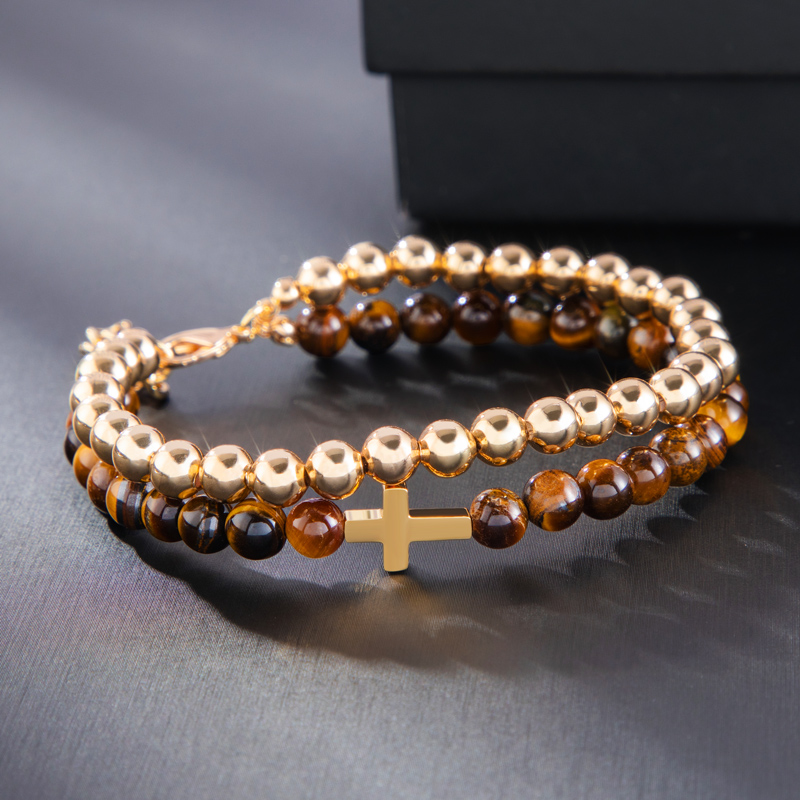 Tiger Eye Stone Beads Double Chain Cross Bracelet With Street Luxury Shine - Image 3