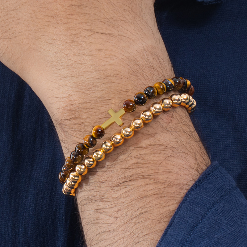 Tiger Eye Stone Beads Double Chain Cross Bracelet With Street Luxury Shine - Image 4