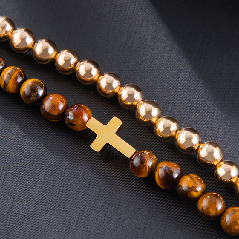 Tiger Eye Stone Beads Double Chain Cross Bracelet With Street Luxury Shine - Image 5