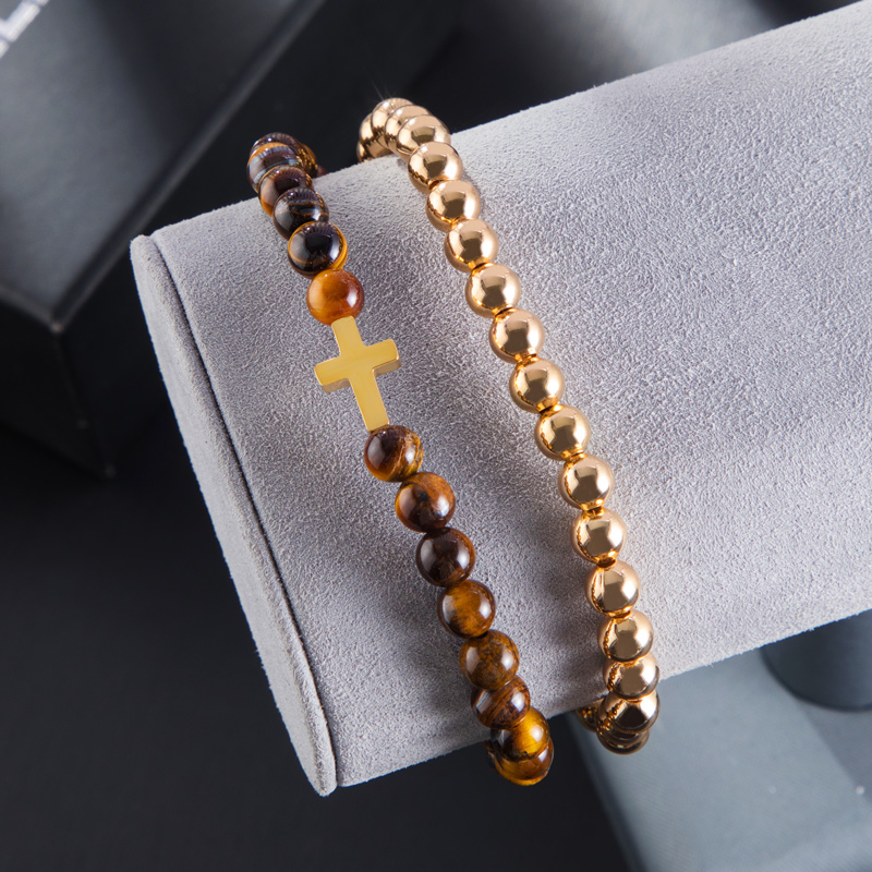 Tiger Eye Stone Beads Double Chain Cross Bracelet With Street Luxury Shine - Image 6