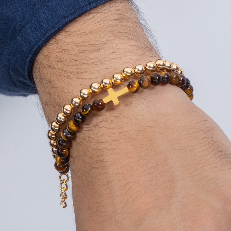 Tiger Eye Stone Beads Double Chain Cross Bracelet With Street Luxury Shine