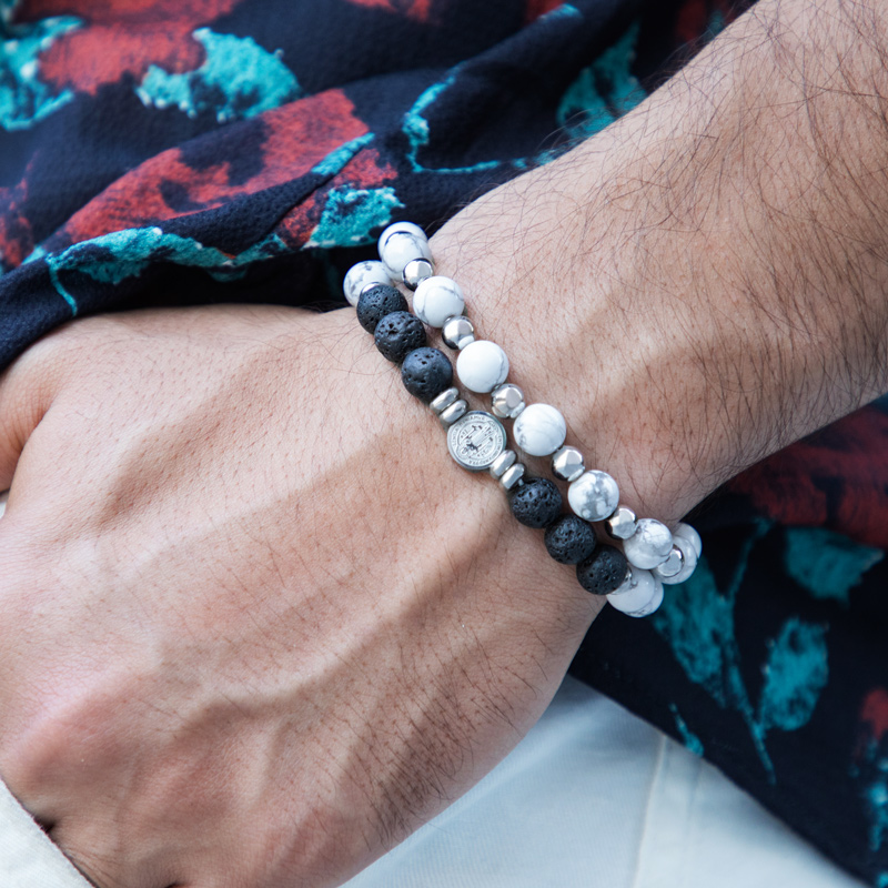 2pcs St. Benedict Medal White Turquoise & Volcanic Beads Stretch Bracelet