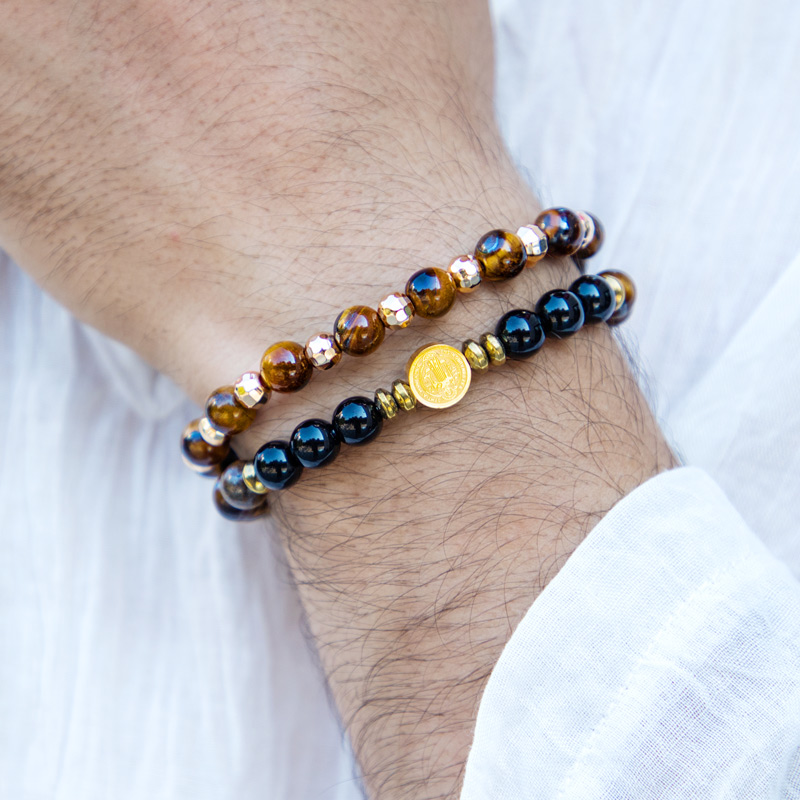 2pcs St. Benedict Medal Tiger Eye Stone & Black Obsidian Stretch Bracelet - Image 3