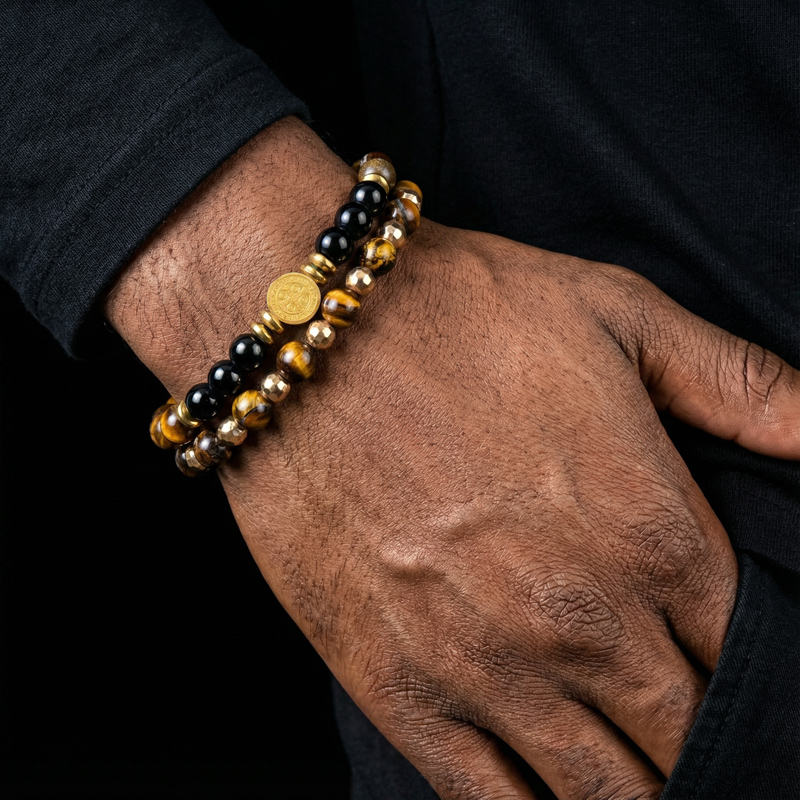 2pcs St. Benedict Medal Tiger Eye Stone & Black Obsidian Stretch Bracelet - Image 4