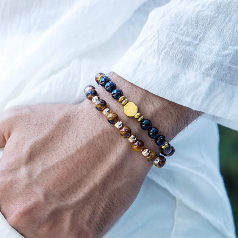 2pcs St. Benedict Medal Tiger Eye Stone & Black Obsidian Stretch Bracelet - Image 5