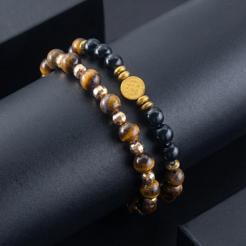 2pcs St. Benedict Medal Tiger Eye Stone & Black Obsidian Stretch Bracelet - Image 6