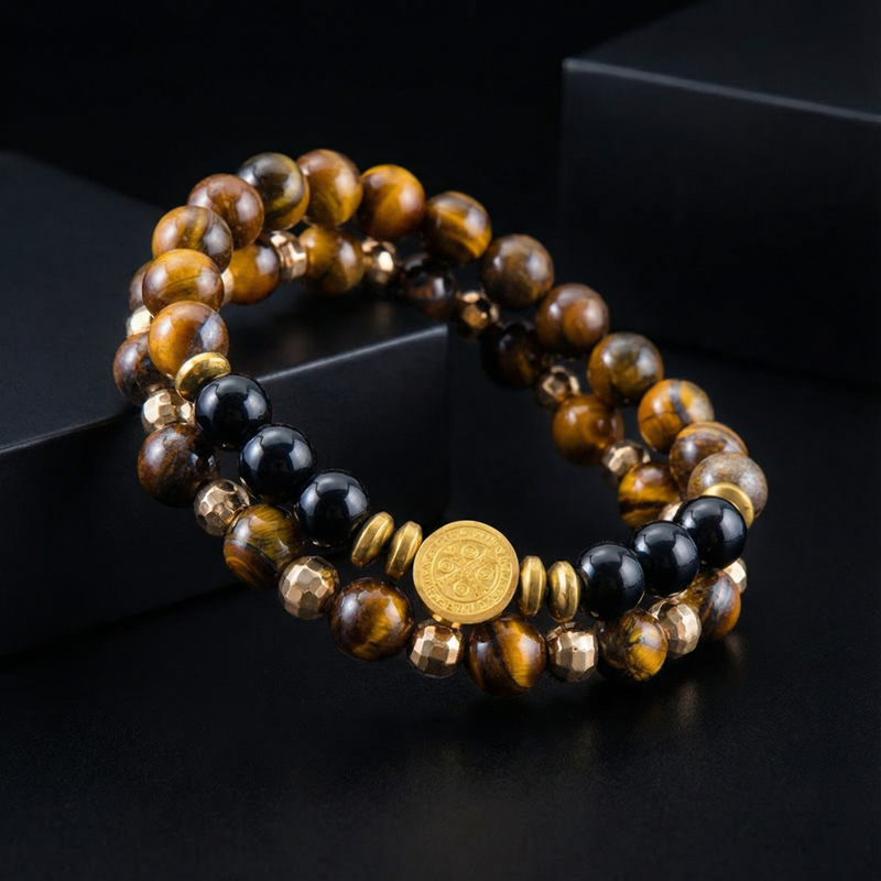 2pcs St. Benedict Medal Tiger Eye Stone & Black Obsidian Stretch Bracelet - Image 7