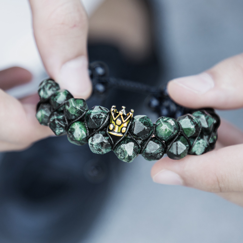 Green Malachite & Black Obsidian Beads Braided Crown Bracelet Silver