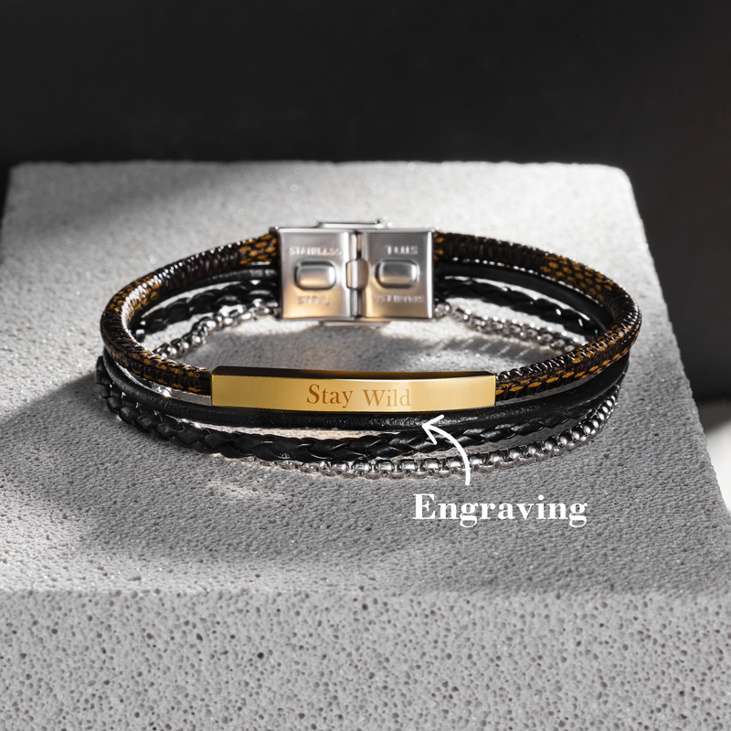 Street Luxury Layered Wrap Printed Leather Men's Engraved Id Bracelet
