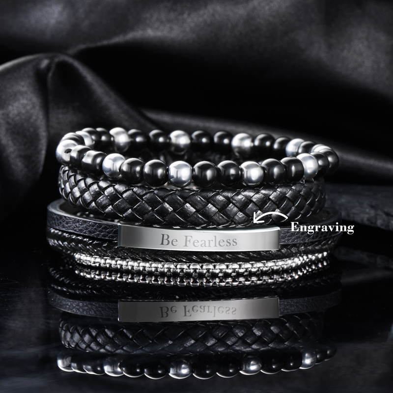 Street Luxury 3pcs Engraved Leather & Bead Braided Layered Bracelet - Image 3