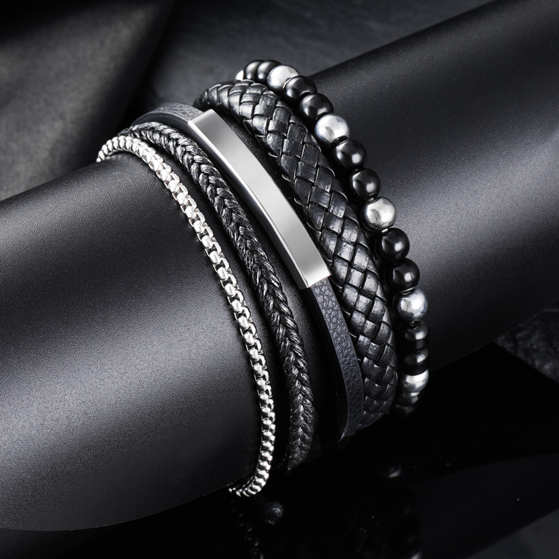 Street Luxury 3pcs Engraved Leather & Bead Braided Layered Bracelet - Image 4