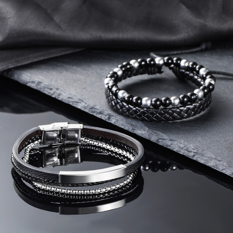 Street Luxury 3pcs Engraved Leather & Bead Braided Layered Bracelet - Image 5