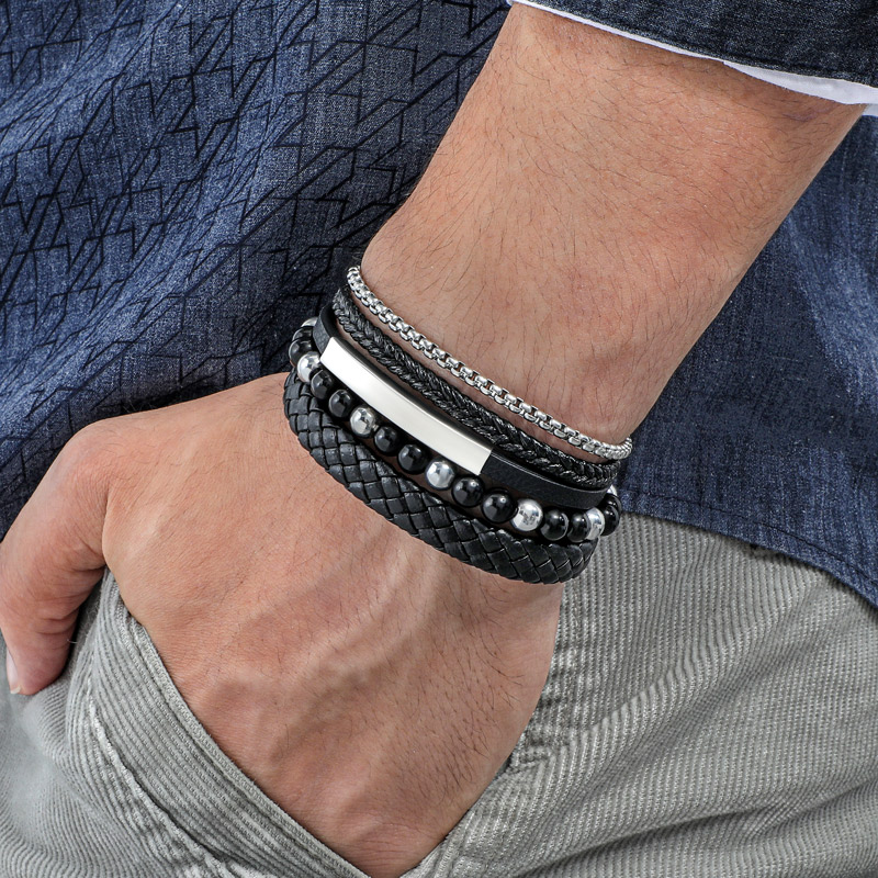 Street Luxury 3pcs Engraved Leather & Bead Braided Layered Bracelet
