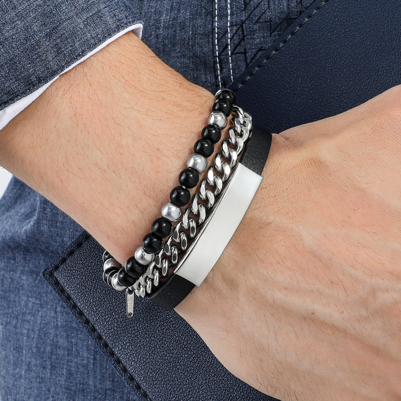 Street Luxury 3pcs Engraved Leather And Bead Bracelets With Cuban Link