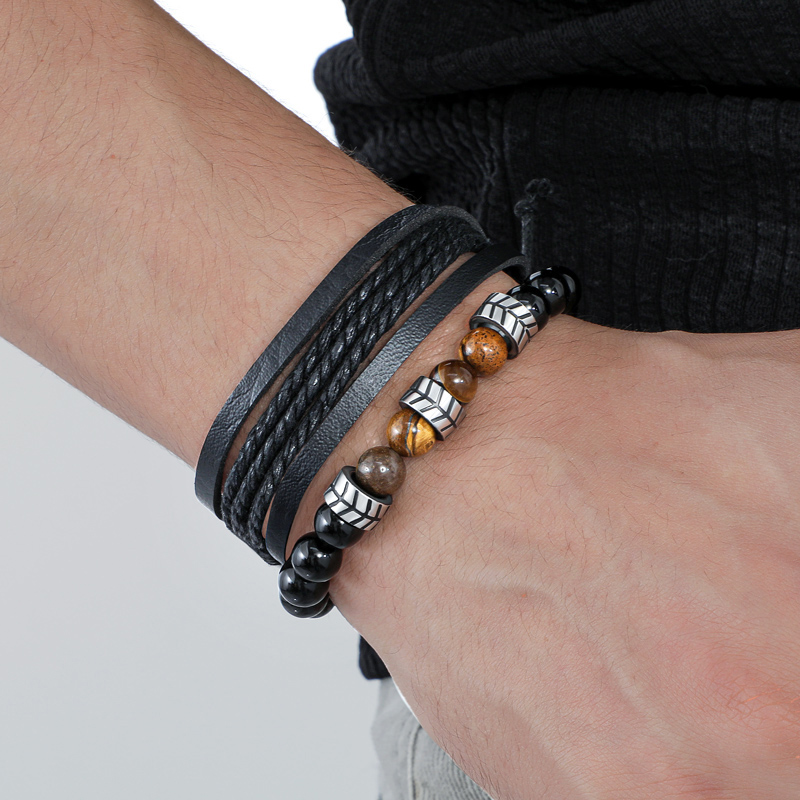 Street Luxury Multilayer Black Braided Leather & Polished Beads Bracelet - Image 3