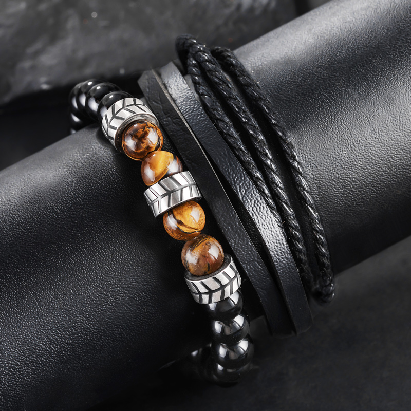 Street Luxury Multilayer Black Braided Leather & Polished Beads Bracelet - Image 4