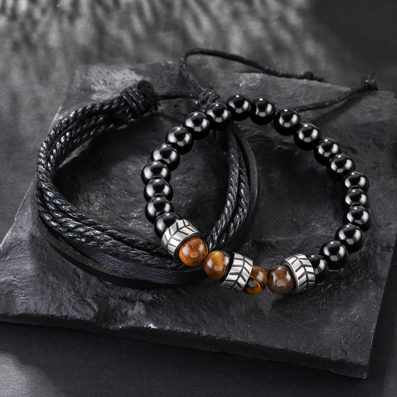 Street Luxury Multilayer Black Braided Leather & Polished Beads Bracelet - Image 5