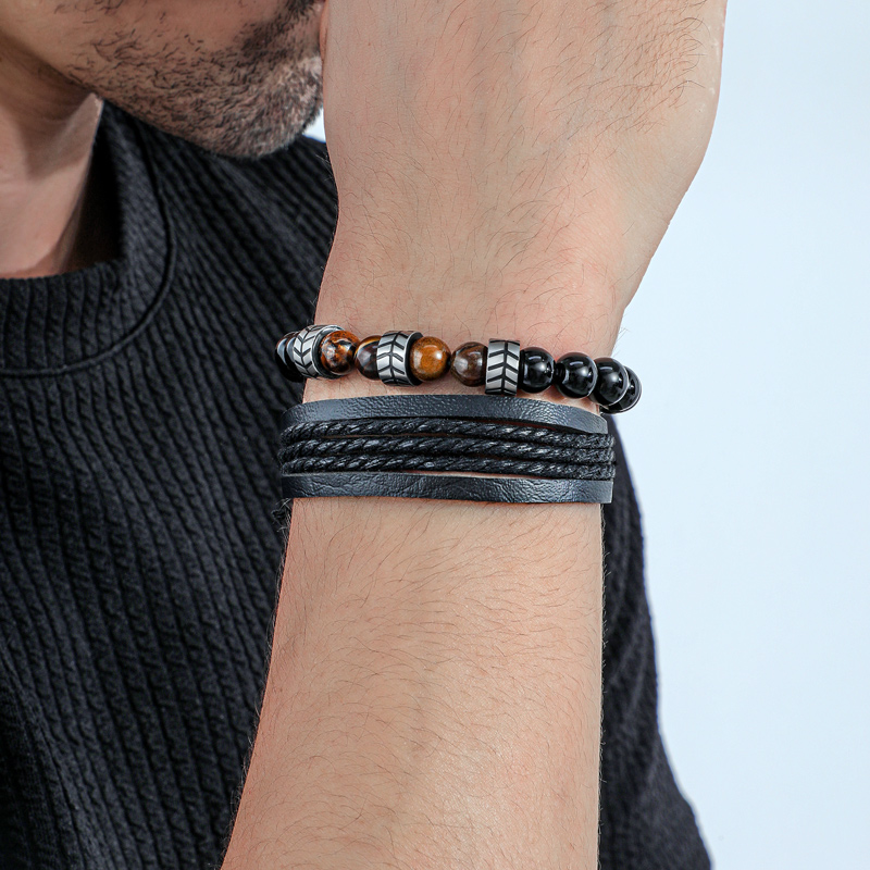 Street Luxury Multilayer Black Braided Leather & Polished Beads Bracelet