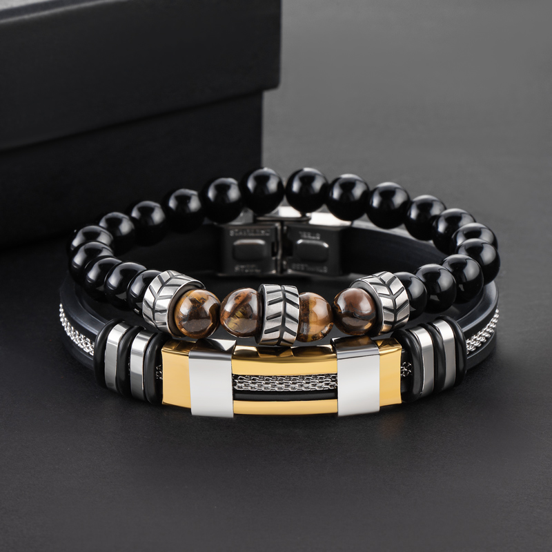 2pcs Leather Stainless Steel & Beads Bracelet With Street Luxury Shine