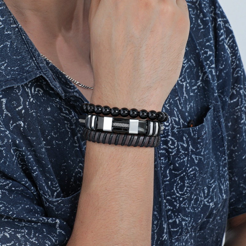 Street Luxury Triple Men's Braided Leather & Beads Layered Bracelet - Image 3