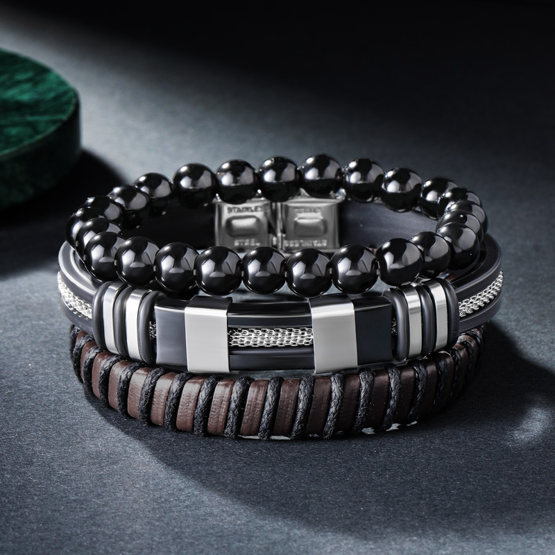 Street Luxury Triple Men's Braided Leather & Beads Layered Bracelet - Image 4