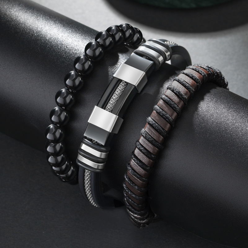 Street Luxury Triple Men's Braided Leather & Beads Layered Bracelet - Image 5