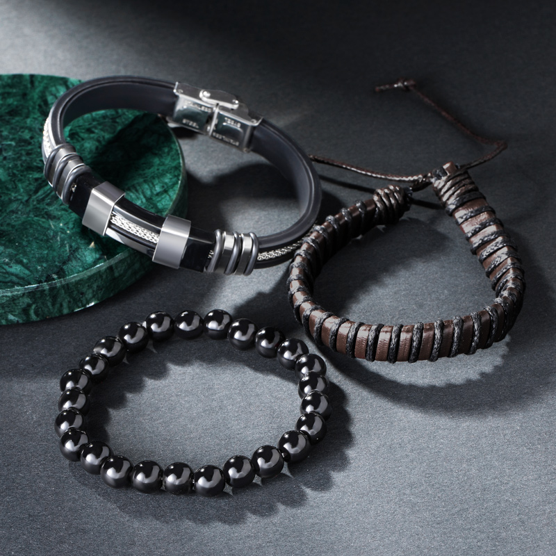 Street Luxury Triple Men's Braided Leather & Beads Layered Bracelet - Image 6