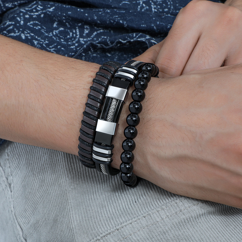 Street Luxury Triple Men's Braided Leather & Beads Layered Bracelet