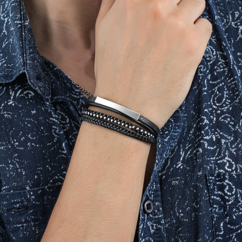 Men's Engraved Leather Stranded Bracelet With Bold Statement Style - Image 3