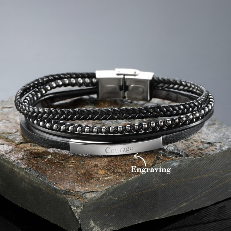 Men's Engraved Leather Stranded Bracelet With Bold Statement Style - Image 4
