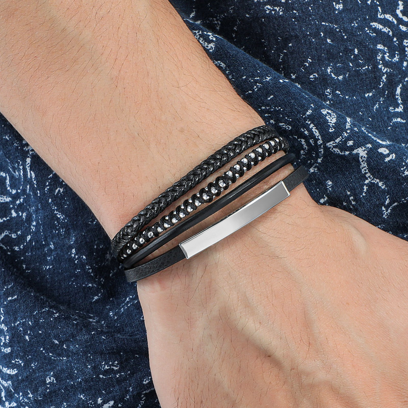 Men's Engraved Leather Stranded Bracelet With Bold Statement Style