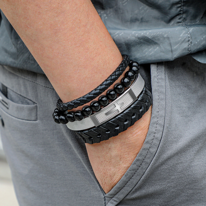 Street Luxury 4pcs Cross Stainless Steel & Braided Leather Layered Bracelet - Image 3