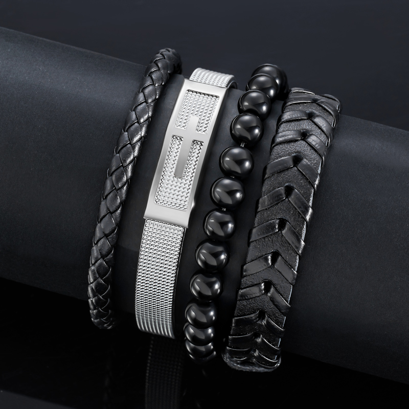 Street Luxury 4pcs Cross Stainless Steel & Braided Leather Layered Bracelet - Image 4