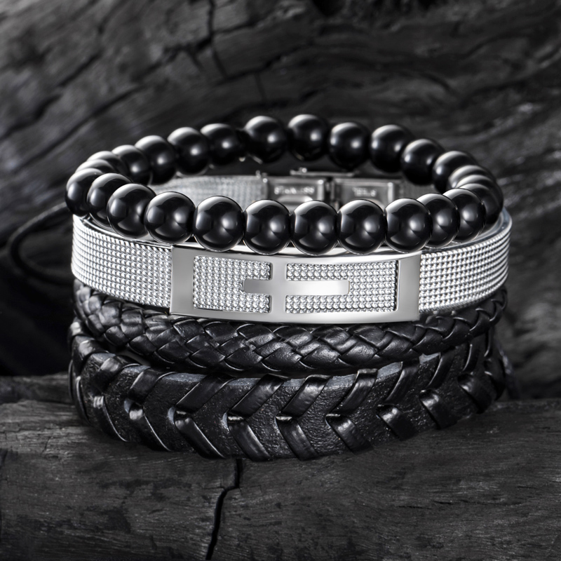 Street Luxury 4pcs Cross Stainless Steel & Braided Leather Layered Bracelet - Image 5