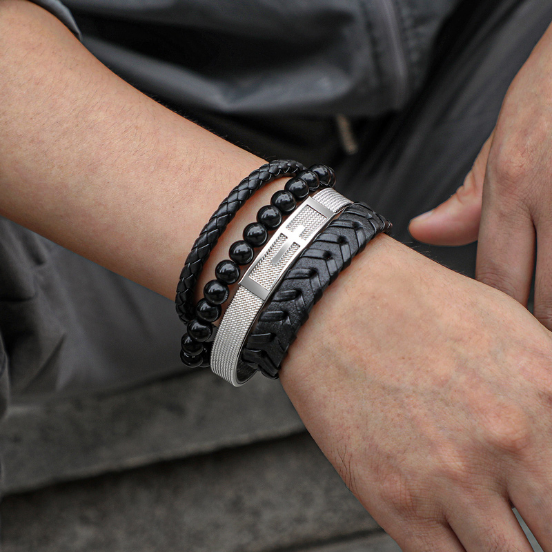 Street Luxury 4pcs Cross Stainless Steel & Braided Leather Layered Bracelet