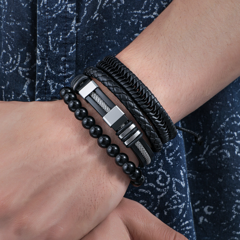 Street Luxury 4pcs Black Leather Stainless Steel & Beads Layered Bracelet