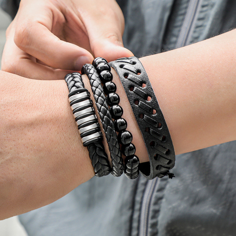Mix 4pcs Braided Wrap Leather Metal & Bead Bracelet With Bold Premium Edge - Image 5