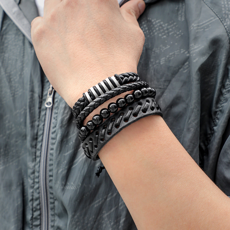 Mix 4pcs Braided Wrap Leather Metal & Bead Bracelet With Bold Premium Edge